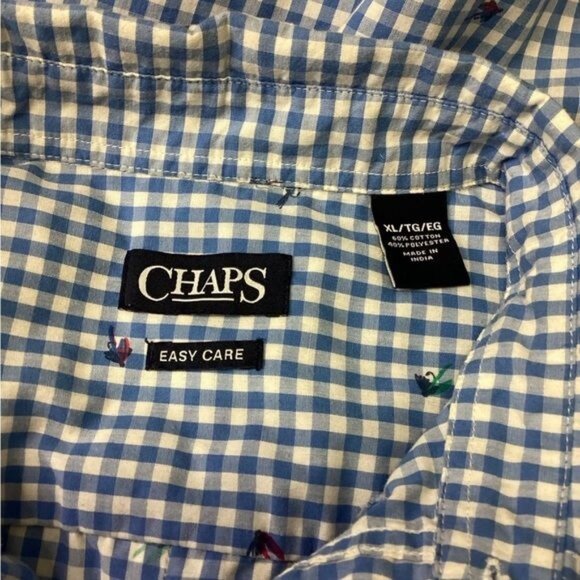 Chaps Mens Blue Gingham Flying Fishing Short Sleeve Shirt XL Cotton Easy Care - Picture 5 of 9
